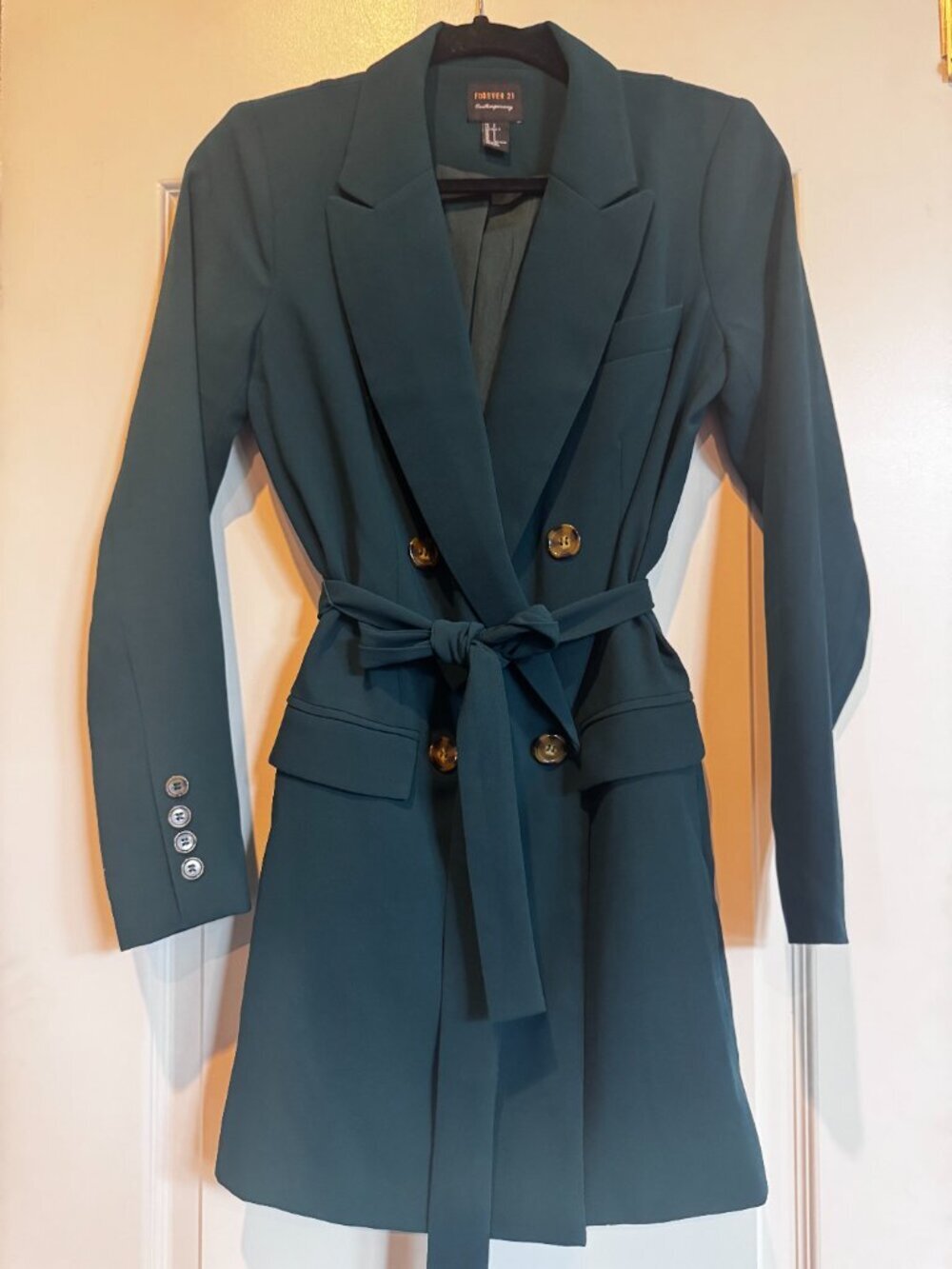 Forever 21 Contemporary Green Belted Blazer Coat Small Double Breasted - Picture 3 of 10